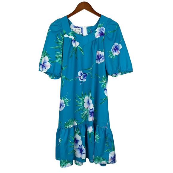Helena's Dresses & Skirts - Vintage Helenas Hawaiian Dress Blue Floral Short Sleeve Knee Length Women's S